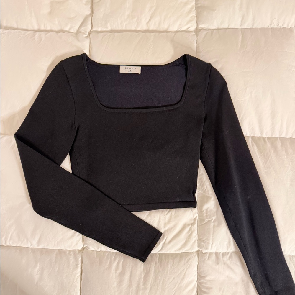 Babaton Black Long Sleeve Square Neck Crop Top